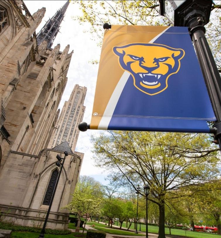 Campus view of Cathedral of Learning and Campus Lamp Post